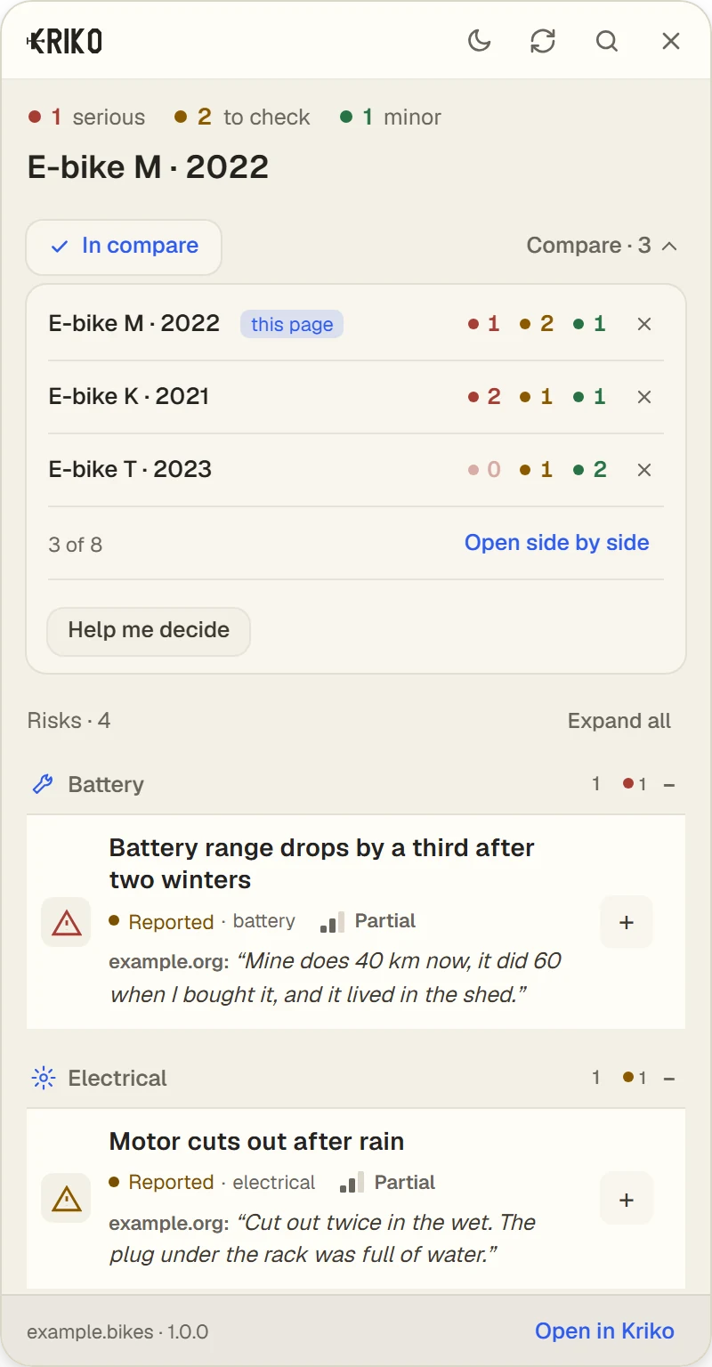 The Kriko panel with a shortlist of three invented e-bikes. Each row counts its serious, to-check and minor findings.