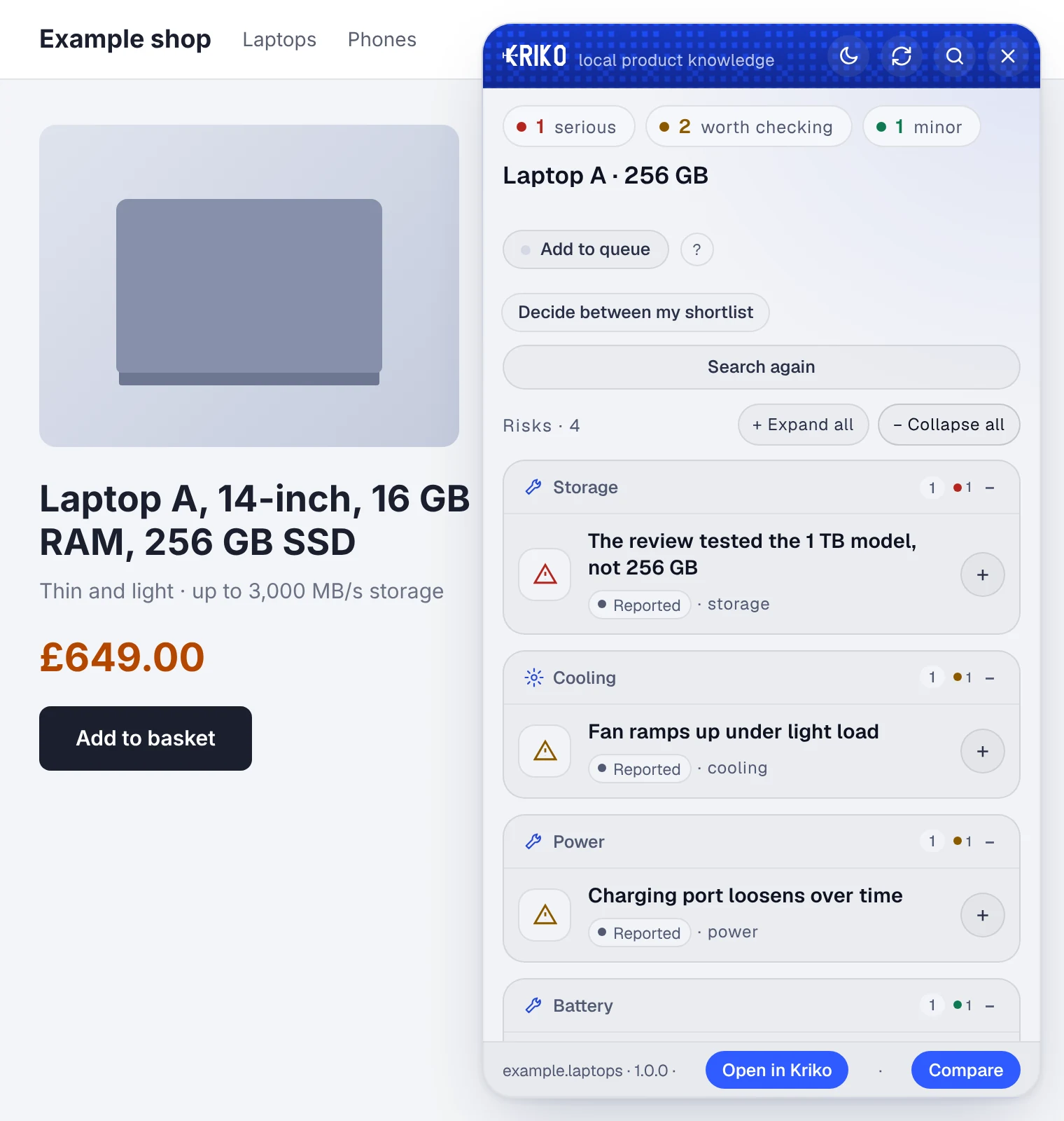 The Kriko panel open beside an invented laptop listing, listing four things to check.