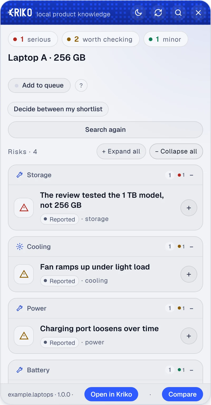 The Kriko panel for an invented laptop. It lists four things to check, from a serious storage mismatch down to a minor battery note.