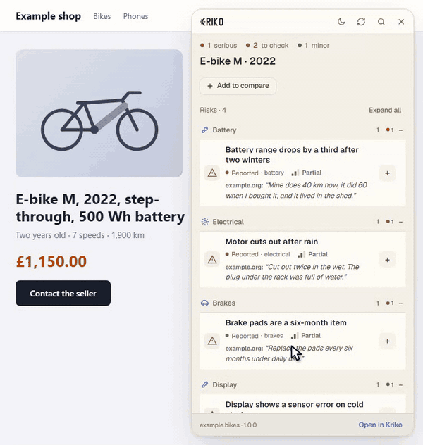 A shop page for an invented e-bike. Kriko's panel slides in beside it and lists four findings. A cursor opens the first one, which shows what was found, its source and a question to ask the seller.